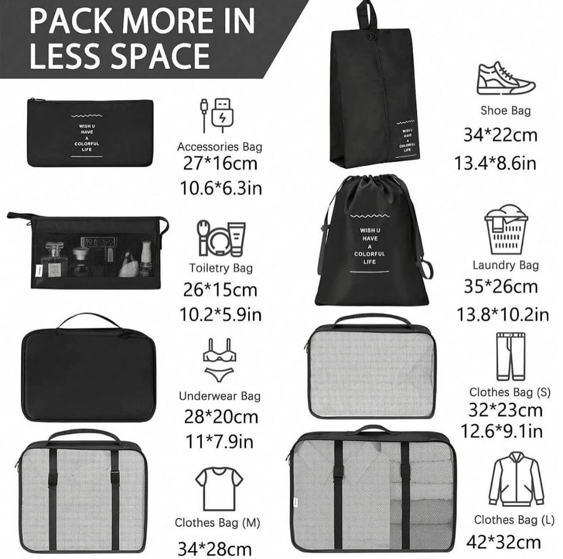 Travel bag organizer 8 piece set